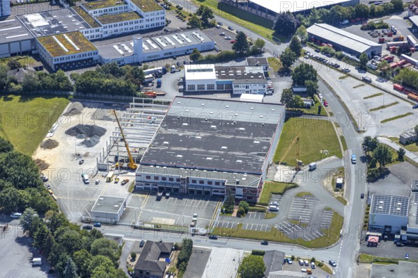 Aerial view, hall extension, industrial estate Soest-Ost, Lange Wende, Overweg, Müllingsen, Soest, Soester Börde, North Rhine-Westphalia, Germany, DE, Europe, birds-eyes view, aerial photograph, aerial photography, aerial photography, overview, bird's eye view
