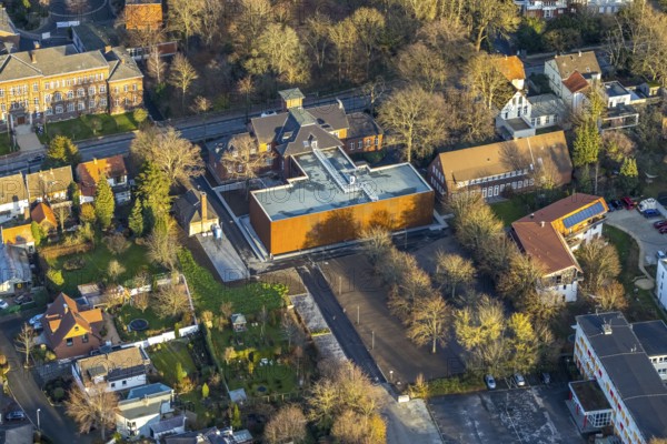 Aerial view, construction site extension Niederbergheimer Straße 24, former agricultural school, new location district archive, city archive Soest and city archaeology Soest, Soest, Soester Börde, North Rhine-Westphalia, Germany, extension, archive, construction work, construction area, building site, building plots, construction, construction project, construction site, DE, monument protection, Europe, property tax, real estate, aerial view, aerial photography, aerial photography, new building, Niederbergheimer Straße, city archive, overview, bird's-eye view, birds-eyes view, heritage-protected building, overview
