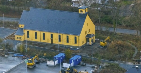 Aerial view, chapel, construction area former Kanaal van Wessem barracks, residential complex and refugee accommodation, Soest, Soester Börde, North Rhine-Westphalia, Germany, construction work, construction area, building site, building plots, construction project, construction site, DE, Europe, property tax, Hiddingser Weg, real estate, capacity requirement, aerial view, aerial photography, aerial photography, overview, bird's-eye view, housing estate, housing and living, residential area, residential buildings, residential neighbourhood, birds-eyes view, overview