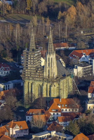 Aerial view, old town, protestant church Sankt Maria zur Wiese, renovation, Soest, Soester Börde, North Rhine-Westphalia, Germany, place of worship, DE, Europe, religious community, place of worship, holy place, church, parish, denomination, aerial view, aerial photography, aerial photography, religion, religious site, renovation, overview, bird's-eye view, Wiesenstraße, birds-eyes view, overview