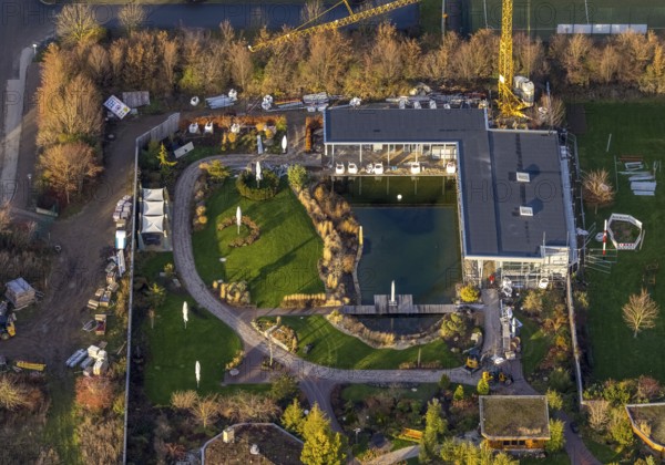 Aerial view, construction site new building at AquaFun fun pool, sauna world and bathing world, Soest, Soester Börde, North Rhine-Westphalia, Germany, bathing establishment, bathing resort, DE, Europe, outdoor pool, leisure, aerial view, aerial photography, aerial photography, car parks, swimming pool, overview, bird's eye view, wellness, birds-eyes view, overview