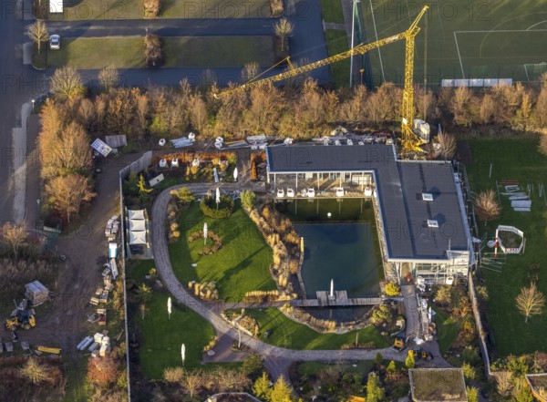 Aerial view, construction site new building at AquaFun fun pool, sauna world and bathing world, Soest, Soester Börde, North Rhine-Westphalia, Germany, bathing establishment, bathing resort, DE, Europe, outdoor pool, leisure, aerial view, aerial photography, aerial photography, car parks, swimming pool, overview, bird's eye view, wellness, birds-eyes view, overview