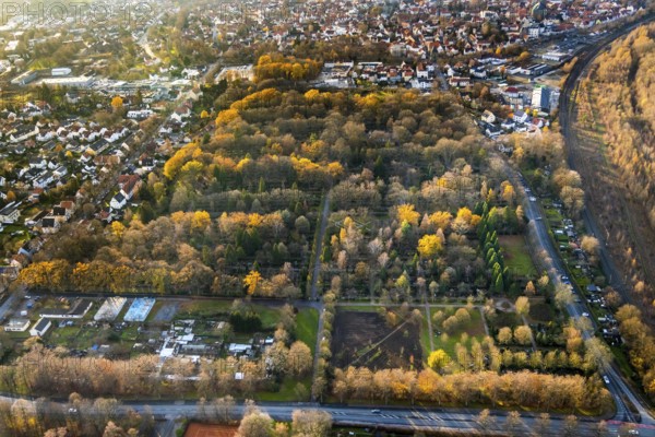 Aerial photograph, Osthofen Cemetery, Soest, Soester Börde, North Rhine-Westphalia, Germany, burial site, DE, Europe, cemetery, memorial, Gottesacker, graves, burial ground, autumn colours, aerial photograph, aerial photography, aerial photography, Nottebohmweg, resting place, overview, bird's-eye view, bird's-eye view, overview