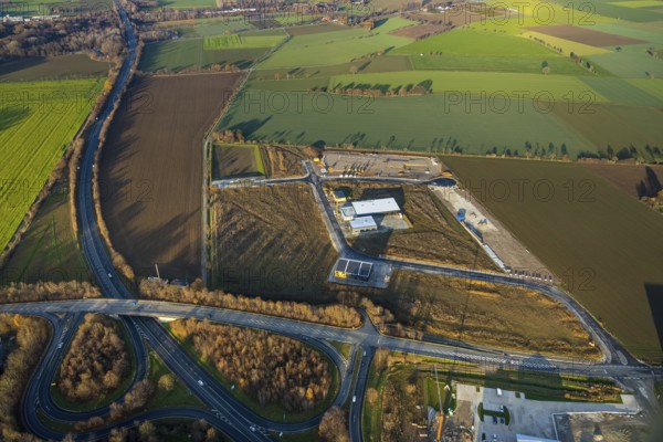 Aerial view, construction site, new building, industrial estate Wasserfuhr, Gebrüder-Ernst-Straße, Opmünder Weg, federal road B475, Soest, Soester Börde, North Rhine-Westphalia, Germany, construction work, construction, construction area, building site, building plots, construction project, construction site, DE, Europe, commercial enterprises, commercial area, commercial area, commercial park, commercial location, commercial use, industrial area, industrial building, industrial location, aerial view, aerial photography, aerial photography, new construction, overview, bird's-eye view, overview