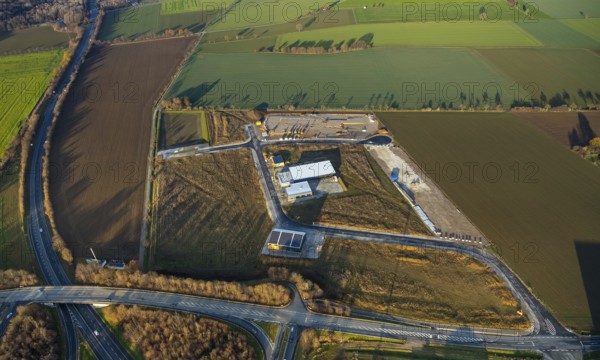 Aerial view, construction site, new building, industrial estate Wasserfuhr, Gebrüder-Ernst-Straße, Opmünder Weg, federal road B475, Soest, Soester Börde, North Rhine-Westphalia, Germany, construction work, construction, construction area, building site, building plots, construction project, construction site, DE, Europe, commercial enterprises, commercial area, commercial area, commercial park, commercial location, commercial use, industrial area, industrial building, industrial location, aerial view, aerial photography, aerial photography, new construction, overview, bird's-eye view, overview