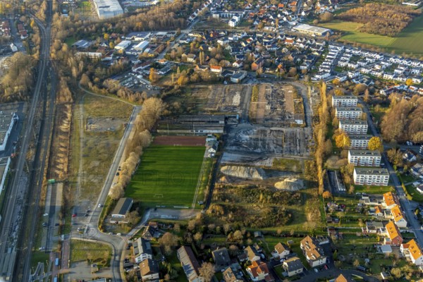 Aerial view, building site Werkstraße for commercial development, sports ground Jahnplatz, Soest, Soester Börde, North Rhine-Westphalia, Germany, construction, building area, building site, building plots, construction project, construction site, DE, Europe, football pitch, football stadium, football club, aerial view, aerial photography, aerial photography, SV Jahn, sports, sports facilities, sports ground, sports facility, overview, bird's eye view, birds-eyes view, overview
