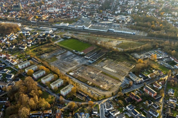 Aerial view, building site Werkstraße for commercial development, sports ground Jahnplatz, Soest, Soester Börde, North Rhine-Westphalia, Germany, construction, building area, building site, building plots, construction project, construction site, DE, Europe, football pitch, football stadium, football club, aerial view, aerial photography, aerial photography, SV Jahn, sports, sports facilities, sports ground, sports facility, overview, bird's eye view, birds-eyes view, overview