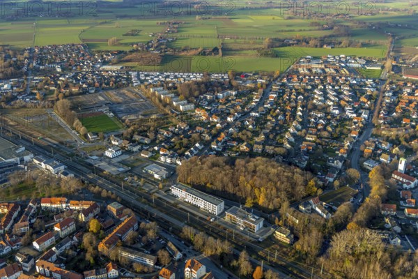 Aerial view, building site Werkstraße for commercial development, sports ground Jahnplatz, Soest, Soester Börde, North Rhine-Westphalia, Germany, construction, building area, building site, building plots, construction project, construction site, DE, Europe, football pitch, football stadium, football club, aerial view, aerial photography, aerial photography, SV Jahn, sports, sports facilities, sports ground, sports facility, overview, bird's eye view, birds-eyes view, overview