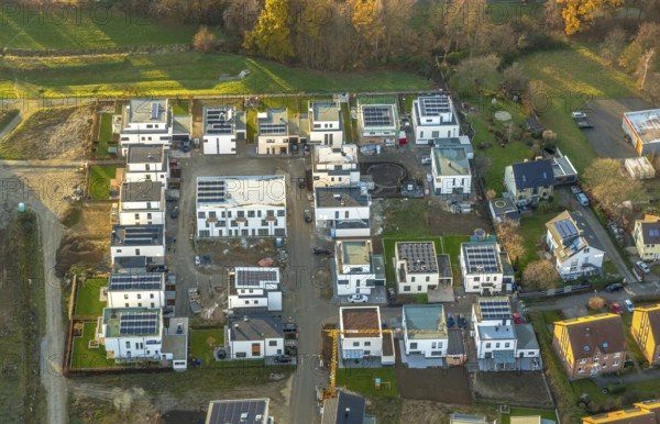 Aerial view, construction area Belgian Quarter, new residential area, Soest, Soester Börde, North Rhine-Westphalia, Germany, construction work, construction, construction area, building site, building plots, construction project, construction site, DE, Europe, distant view, flat roofs, property tax, real estate, aerial view, aerial photography, aerial photography, Meininger Weg, new construction, overview, bird's eye view, meadows and fields, living and living, residential area, residential buildings, birds-eyes view, overview