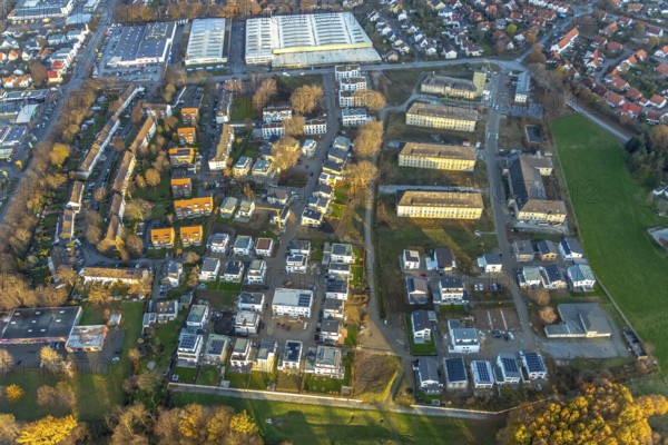 Aerial view, construction area Belgian Quarter, new residential area, Soest, Soester Börde, North Rhine-Westphalia, Germany, construction work, construction, construction area, building site, building plots, construction project, construction site, DE, Europe, distant view, flat roofs, property tax, real estate, aerial view, aerial photography, aerial photography, Meininger Weg, new construction, overview, bird's eye view, meadows and fields, living and living, residential area, residential buildings, birds-eyes view, overview