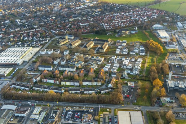 Aerial view, construction area Belgian Quarter, new residential area, Soest, Soester Börde, North Rhine-Westphalia, Germany, construction work, construction, construction area, building site, building plots, construction project, construction site, DE, Europe, distant view, flat roofs, property tax, real estate, aerial view, aerial photography, aerial photography, Meininger Weg, new construction, overview, bird's eye view, meadows and fields, living and living, residential area, residential buildings, birds-eyes view, overview
