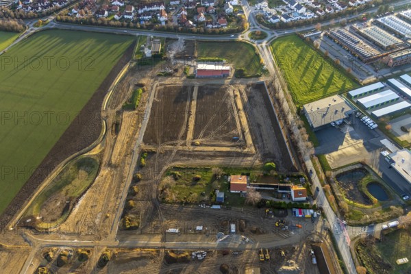 Aerial view, construction area Neuer Soester Norden, new residential neighbourhood, Danziger Ring, Oestinghauser Landstraße, Soest, Soester Börde, North Rhine-Westphalia, Germany, construction work, building, construction area, building site, building plots, construction project, construction site, DE, Europe, commercial enterprises, commercial area, commercial area, commercial park, commercial location, commercial use, property tax, real estate, industrial area, industrial building, industrial location, aerial view, aerial photography, aerial photography, new construction, overview, bird's-eye view, residential area, residential area, residential buildings, residential quality, residential neighbourhood, housing estate, birds-eyes view, overview