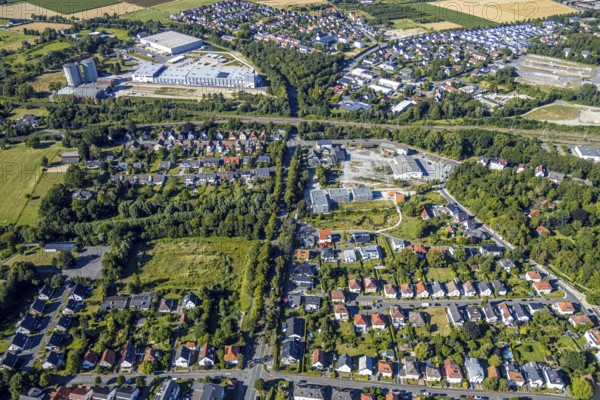 Aerial view, three residential buildings at the renaturalised Soestbach, former outdoor swimming pool soest, Soest, Soester Börde, North Rhine-Westphalia, Germany, DE, Europe, birds-eyes view, aerial view, aerial photography, aerial photography, overview, overview, bird's eye view
