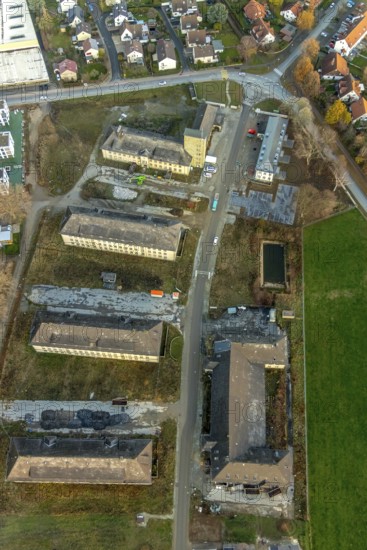 Aerial view, construction area Belgian Quarter, new residential area, Soest, Soester Börde, North Rhine-Westphalia, Germany, construction work, construction, construction area, building site, building plots, construction project, construction site, DE, Europe, distant view, flat roofs, property tax, real estate, aerial view, aerial photography, aerial photography, Meininger Weg, new construction, overview, bird's eye view, meadows and fields, living and living, residential area, residential buildings, birds-eyes view, overview