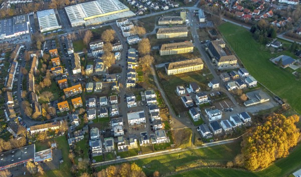 Aerial view, construction area Belgian Quarter, new residential area, Soest, Soester Börde, North Rhine-Westphalia, Germany, construction work, construction, construction area, building site, building plots, construction project, construction site, DE, Europe, distant view, flat roofs, property tax, real estate, aerial view, aerial photography, aerial photography, Meininger Weg, new construction, overview, bird's eye view, meadows and fields, living and living, residential area, residential buildings, birds-eyes view, overview