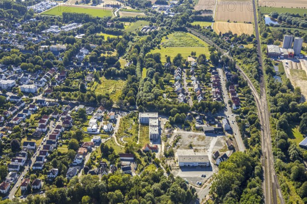 Aerial view, three residential buildings at the renaturalised Soestbach, former outdoor swimming pool soest, Soest, Soester Börde, North Rhine-Westphalia, Germany, DE, Europe, birds-eyes view, aerial view, aerial photography, aerial photography, overview, overview, bird's eye view