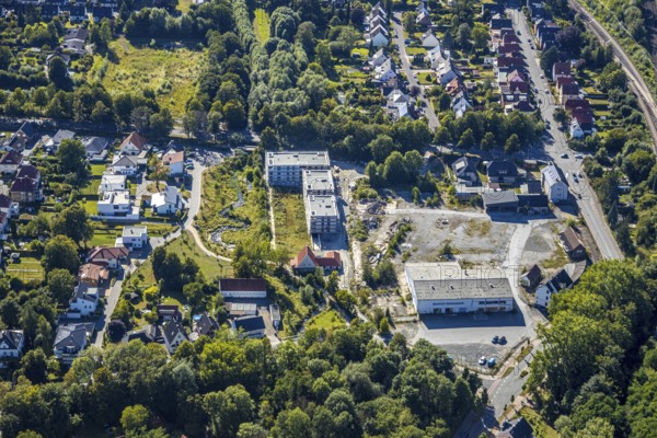 Aerial view, three residential buildings at the renaturalised Soestbach, former outdoor swimming pool soest, Soest, Soester Börde, North Rhine-Westphalia, Germany, DE, Europe, birds-eyes view, aerial view, aerial photography, aerial photography, overview, overview, bird's eye view