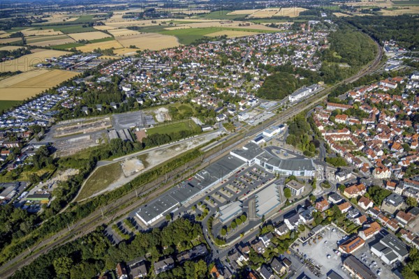 Aerial view, development area of the industrial wasteland at Teinenkamp in Soest, wasteland north of Soest main railway station, industrial wasteland, Soest, Soester Börde, North Rhine-Westphalia, Germany, DE, Europe, birds-eyes view, aerial photograph, aerial photography, overview, bird's eye view