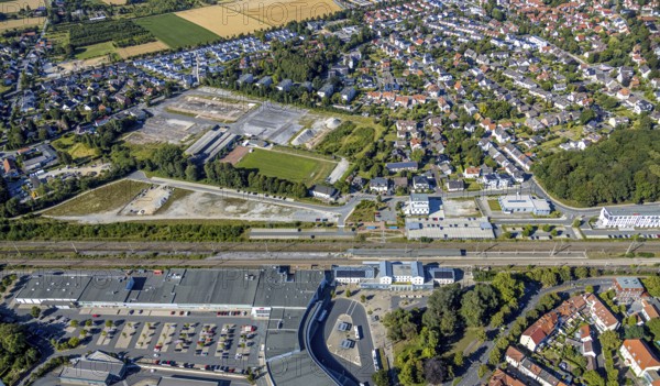 Aerial view, development area of the industrial wasteland at Teinenkamp in Soest, wasteland north of Soest main railway station, industrial wasteland, Soest, Soester Börde, North Rhine-Westphalia, Germany, DE, Europe, birds-eyes view, aerial photograph, aerial photography, overview, bird's eye view