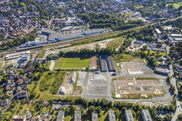 Aerial view, development area of the industrial wasteland at Teinenkamp in Soest, wasteland north of Soest main railway station, industrial wasteland, Soest, Soester Börde, North Rhine-Westphalia, Germany, DE, Europe, birds-eyes view, aerial photograph, aerial photography, overview, bird's eye view