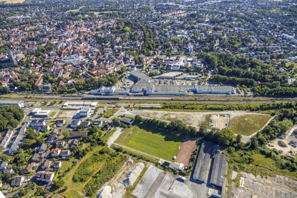 Aerial view, development area of the industrial wasteland at Teinenkamp in Soest, wasteland north of Soest main railway station, industrial wasteland, Soest, Soester Börde, North Rhine-Westphalia, Germany, DE, Europe, birds-eyes view, aerial photograph, aerial photography, overview, bird's eye view