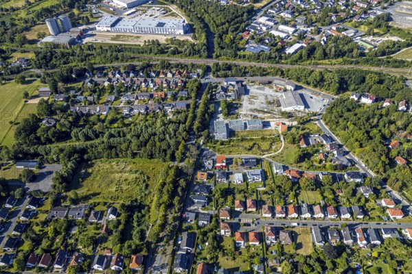 Aerial view, three residential buildings at the renaturalised Soestbach, former outdoor swimming pool soest, Soest, Soester Börde, North Rhine-Westphalia, Germany, DE, Europe, birds-eyes view, aerial view, aerial photography, aerial photography, overview, overview, bird's eye view