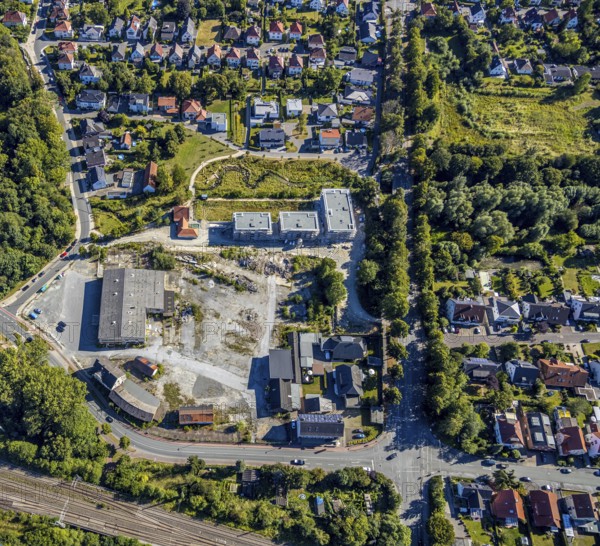 Aerial view, three residential buildings at the renaturalised Soestbach, former outdoor swimming pool soest, Soest, Soester Börde, North Rhine-Westphalia, Germany, DE, Europe, birds-eyes view, aerial view, aerial photography, aerial photography, overview, overview, bird's eye view
