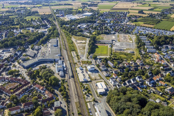Aerial view, development area of the industrial wasteland at Teinenkamp in Soest, wasteland north of Soest main railway station, industrial wasteland, Soest, Soester Börde, North Rhine-Westphalia, Germany, DE, Europe, birds-eyes view, aerial photograph, aerial photography, overview, bird's eye view