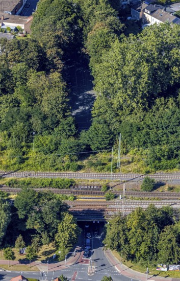 Aerial view, railway subway Wallburger Tor, railway tracks, Soest, Soester Börde, North Rhine-Westphalia, Germany, DE, Europe, birds-eyes view, aerial photography, aerial photography, overview, bird's eye view
