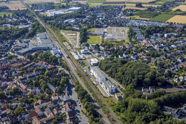 Aerial view, development area of the industrial wasteland at Teinenkamp in Soest, wasteland north of Soest main railway station, industrial wasteland, Soest, Soester Börde, North Rhine-Westphalia, Germany, DE, Europe, birds-eyes view, aerial photograph, aerial photography, overview, bird's eye view