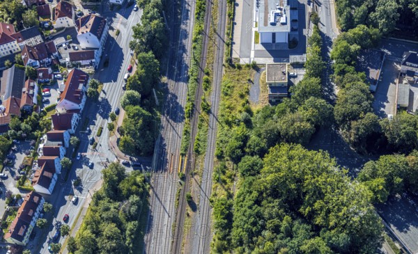 Aerial view, railway subway Wallburger Tor, railway tracks, Soest, Soester Börde, North Rhine-Westphalia, Germany, DE, Europe, birds-eyes view, aerial photography, aerial photography, overview, bird's eye view