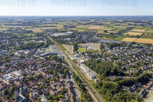 Aerial view, development area of the industrial wasteland at Teinenkamp in Soest, wasteland north of Soest main railway station, industrial wasteland, Soest, Soester Börde, North Rhine-Westphalia, Germany, DE, Europe, birds-eyes view, aerial photograph, aerial photography, overview, bird's eye view