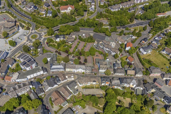 Aerial view, town hall, Otto-Fuchs-Platz, town centre, Meinerzhagen, Märkischer Kreis, Sauerland, North Rhine-Westphalia, Germany, DE, Europe, roundabout, culture, art, aerial view, aerial photography, aerial photography, overview, events, venue, event location, event centre, bird's eye view, residential area, birds-eyes view, cultural use, overview