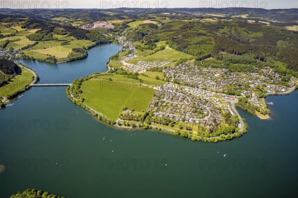 Aerial view, camping site Seeblick, holiday village Listersee, camping site Eckmann, Meinerzhagen, Märkischer Kreis, Sauerland, North Rhine-Westphalia, Germany, Badestelle Windebruch, DE, Europe, aerial view, aerial photography, aerial photography, lakeside road, overview, bird's eye view, forest area, birds-eyes view, overview