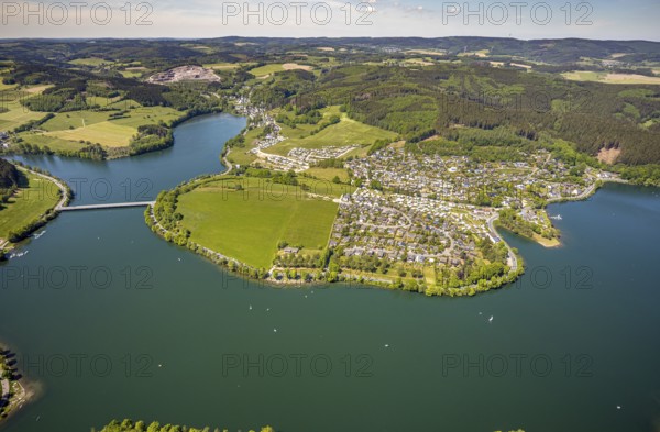 Aerial view, camping site Seeblick, holiday village Listersee, camping site Eckmann, Meinerzhagen, Märkischer Kreis, Sauerland, North Rhine-Westphalia, Germany, Badestelle Windebruch, DE, Europe, aerial view, aerial photography, aerial photography, lakeside road, overview, bird's eye view, forest area, birds-eyes view, overview