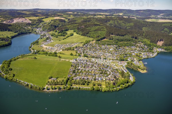 Aerial view, camping site Seeblick, holiday village Listersee, camping site Eckmann, Meinerzhagen, Märkischer Kreis, Sauerland, North Rhine-Westphalia, Germany, Badestelle Windebruch, DE, Europe, aerial view, aerial photography, aerial photography, lakeside road, overview, bird's eye view, forest area, birds-eyes view, overview