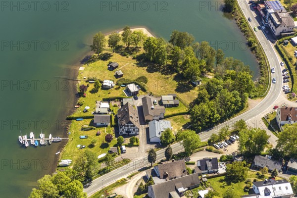 Aerial view, campsite Seeblick, Meinerzhagen, Märkischer Kreis, Sauerland, North Rhine-Westphalia, Germany, bathing place Windebruch, boat landing stage, DE, Europe, aerial view, aerial photography, aerial photography, lakeside road, overview, bird's-eye view, overview