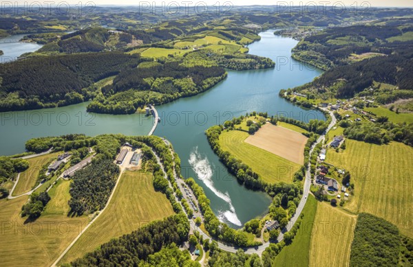 Aerial view, Lister dam, Meinerzhagen, Märkischer Kreis, Sauerland, North Rhine-Westphalia, Germany, DE, Europe, hilly landscape, aerial view, aerial photography, aerial photography, lake, sight, Lister storage power station, dam wall, dam, tower, overview, bird's-eye view, meadows and fields, birds-eyes view, overview