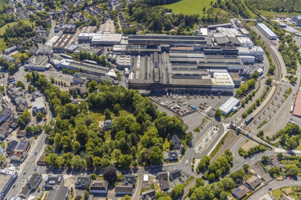 Aerial view, OTTO FUCHS metal processing company, Meinerzhagen railway station, Meinerzhagen, Märkischer Kreis, Sauerland, North Rhine-Westphalia, Germany, railway station, DE, Deutsche Bahn AG, Europe, commercial enterprises, commercial area, commercial park, commercial location, commercial use, industrial area, industrial location, aerial photograph, aerial photography, aerial photography, overview, bird's-eye view, bird's-eye view, overview