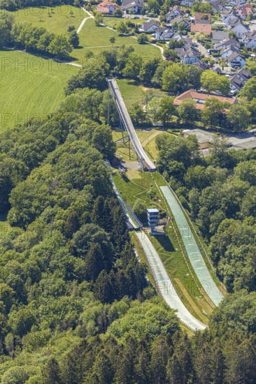 Aerial view, Meinhardusschanzen, ski resort, Meinerzhagen, Märkischer Kreis, Sauerland, North Rhine-Westphalia, Germany, DE, Europe, aerial view, aerial photography, aerial photography, ski jumping facility, sport, ski jump, overview, bird's-eye view, West German Ski Association, birds-eyes view, overview
