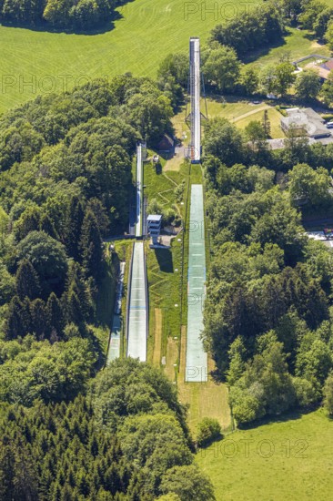 Aerial view, Meinhardusschanzen, ski resort, Meinerzhagen, Märkischer Kreis, Sauerland, North Rhine-Westphalia, Germany, DE, Europe, aerial view, aerial photography, aerial photography, ski jumping facility, sport, ski jump, overview, bird's-eye view, West German Ski Association, birds-eyes view, overview
