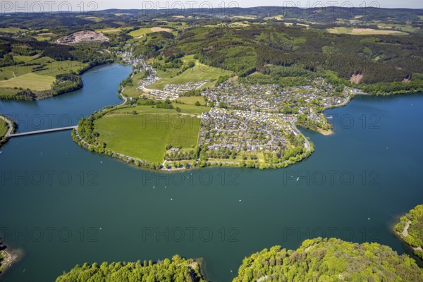 Aerial view, camping site Seeblick, holiday village Listersee, camping site Eckmann, Meinerzhagen, Märkischer Kreis, Sauerland, North Rhine-Westphalia, Germany, Badestelle Windebruch, DE, Europe, aerial view, aerial photography, aerial photography, lakeside road, overview, bird's eye view, forest area, birds-eyes view, overview