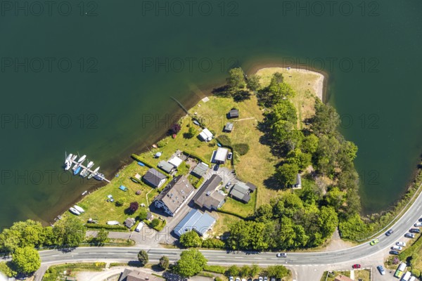 Aerial view, campsite Seeblick, Meinerzhagen, Märkischer Kreis, Sauerland, North Rhine-Westphalia, Germany, bathing place Windebruch, boat landing stage, DE, Europe, aerial view, aerial photography, aerial photography, lakeside road, overview, bird's-eye view, overview