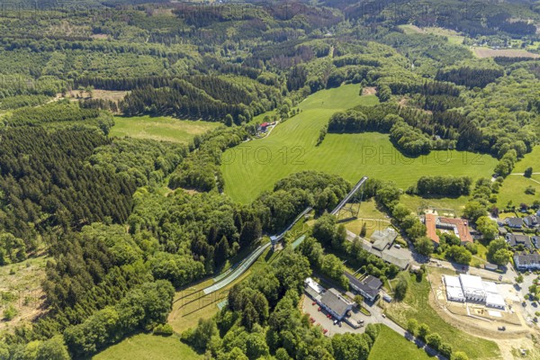 Aerial view, Meinhardusschanzen, ski area, Meinerzhagen, Märkischer Kreis, Sauerland, North Rhine-Westphalia, Germany, DE, Europe, hilly landscape, aerial view, aerial photography, aerial photography, ski jumping facility, sport, ski jump, overview, bird's-eye view, forest area, West German Ski Association, birds-eyes view, overview