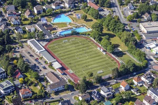 Aerial view, Baumhofstadion, outdoor swimming pool Sprockhövel, Niedersprockhövel, Sprockhövel, Ruhr area, North Rhine-Westphalia, Germany, bathing establishment, bathing resort, Corona measures, DE, Ennepe-Ruhr district, Europe, outdoor swimming pool, leisure, football pitch, football stadium, aerial view, aerial photography, aerial photography, swimming pool, swimming pool, sports, sports facilities, sports field, sports facility, training sessions, training grounds, overview, bird's eye view, birds-eyes view, overview, swimming
