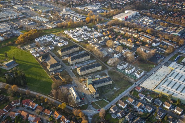 Aerial view, construction area Belgian Quarter, new residential area, Soest, Soester Börde, North Rhine-Westphalia, Germany, construction work, construction, construction area, building site, building plots, construction project, construction site, DE, Europe, distant view, flat roofs, property tax, real estate, aerial view, aerial photography, aerial photography, Meininger Weg, new construction, overview, bird's eye view, meadows and fields, living and living, residential area, residential buildings, birds-eyes view, overview