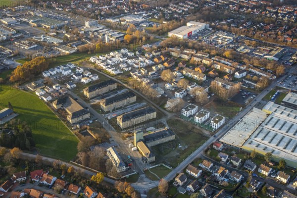 Aerial view, construction area Belgian Quarter, new residential area, Soest, Soester Börde, North Rhine-Westphalia, Germany, construction work, construction, construction area, building site, building plots, construction project, construction site, DE, Europe, distant view, flat roofs, property tax, real estate, aerial view, aerial photography, aerial photography, Meininger Weg, new construction, overview, bird's eye view, meadows and fields, living and living, residential area, residential buildings, birds-eyes view, overview