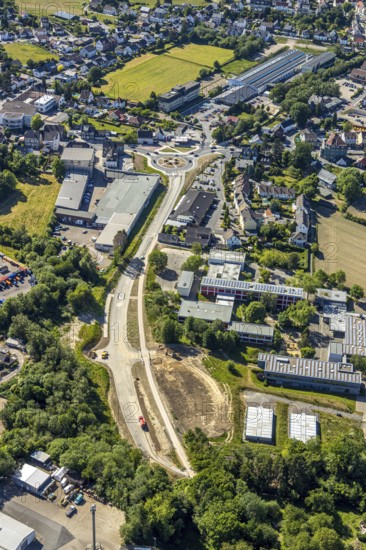 Aerial view, Niedersprockhövel, bypass road L70n between Hauptstraße and Wuppertaler Straße, construction site and new roundabout, Sprockhövel, Ruhr area, North Rhine-Westphalia, Germany, construction area, construction site, building plots, construction project, construction project, construction site, DE, Ennepe-Ruhr-Kreis, Europe, roundabout, aerial view, aerial photography, aerial photography, new construction, road traffic, overview, traffic volume, bird's-eye view, bird's-eye view construction work, birds-eyes view, overview