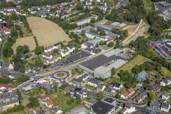 Aerial view, local view Niedersprockhövel, bypass road L70n between main road and Wuppertaler Straße, construction site and new roundabout, Sprockhövel, Ruhr area, North Rhine-Westphalia, Germany, DE, Ennepe-Ruhr-Kreis, Europe, property tax, aerial view, aerial photography, aerial photography, overview, bird's-eye view, housing estate, living and living, residential area, residential buildings, quality of living, housing estate, birds-eyes view, overview