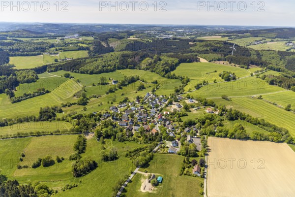 Aerial view, district Hardenberg, construction site residential houses, Meinerzhagen, Märkischer Kreis, Sauerland, North Rhine-Westphalia, Germany, mountains and valleys, DE, single-family houses, Europe, property tax, hilly landscape, real estate, aerial view, aerial photography, aerial photography, overview, bird's eye view, meadows and fields, housing estate, housing and living, residential area, residential houses, housing quality, housing estate, birds-eyes view, overview